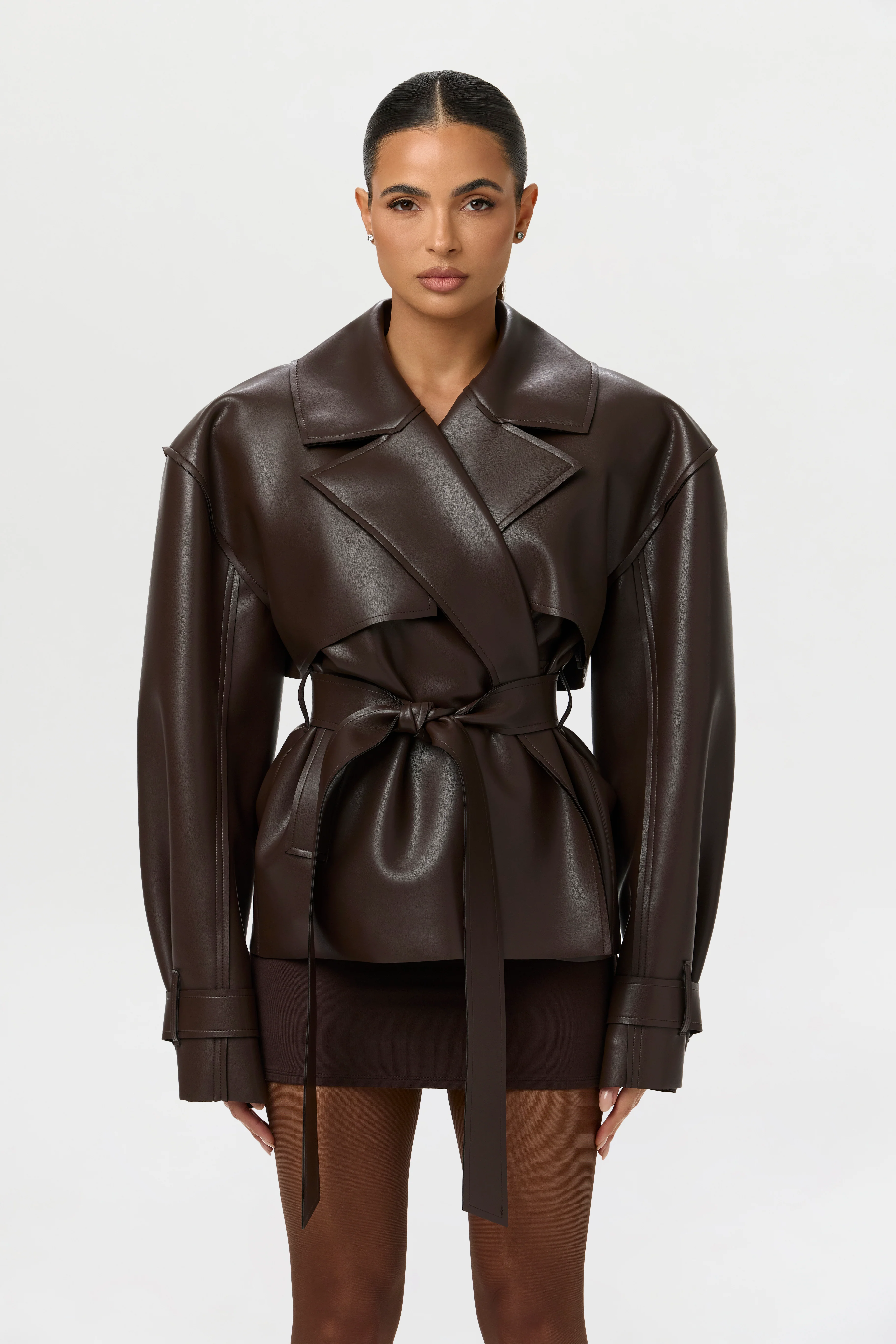 Vegan Leather Cropped Trench Jacket - Image 16