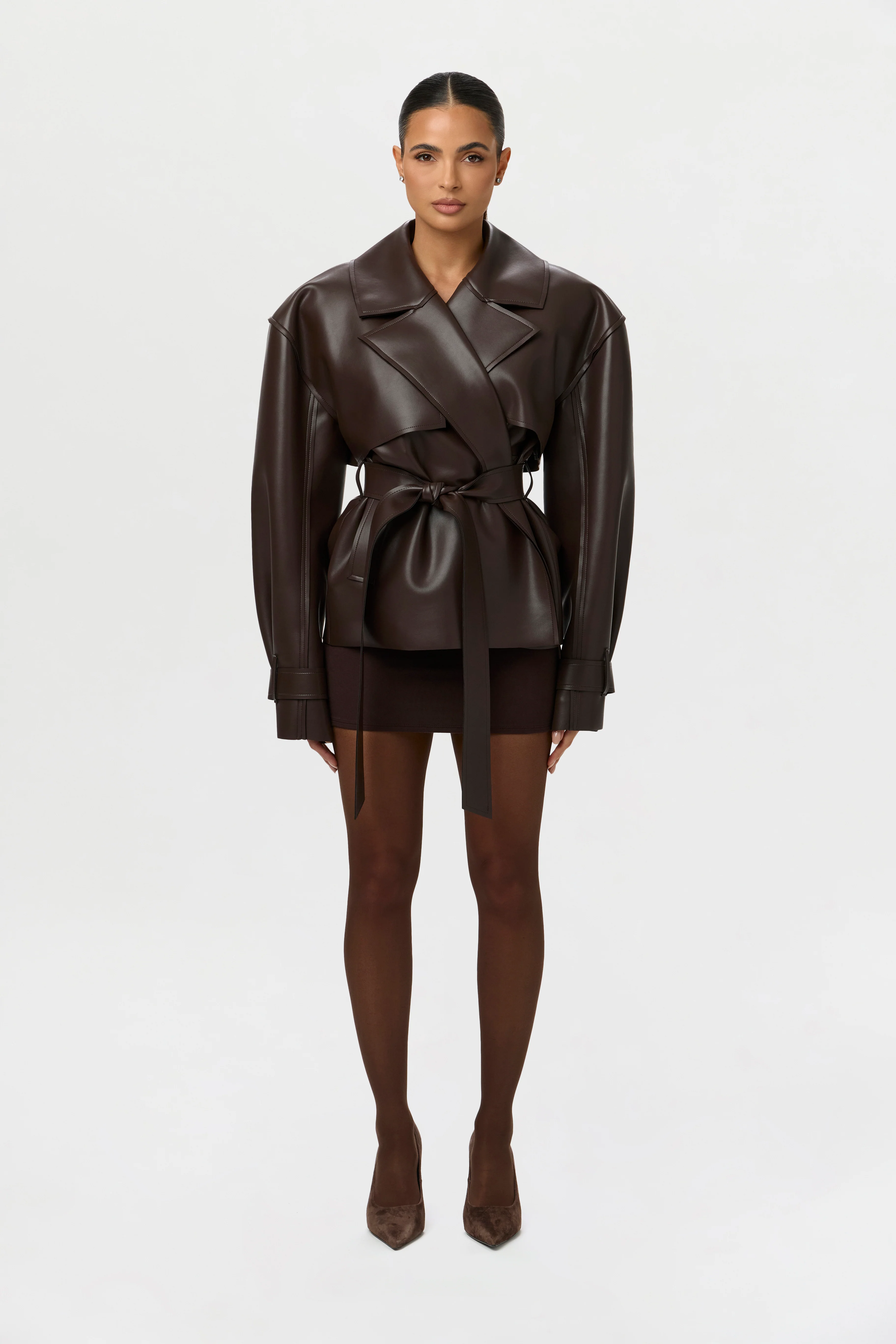 Vegan Leather Cropped Trench Jacket - Image 17