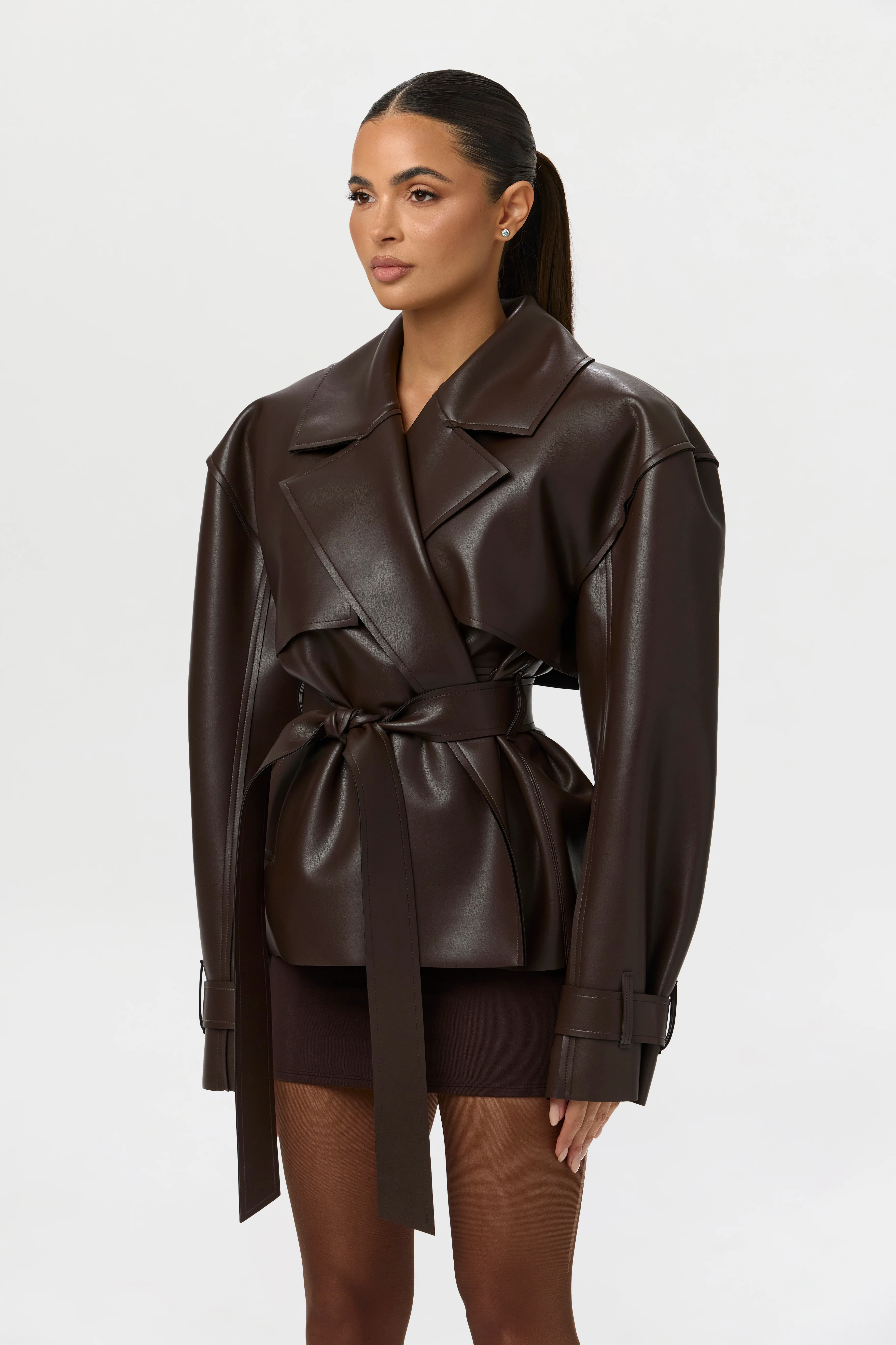 Vegan Leather Cropped Trench Jacket - Image 18