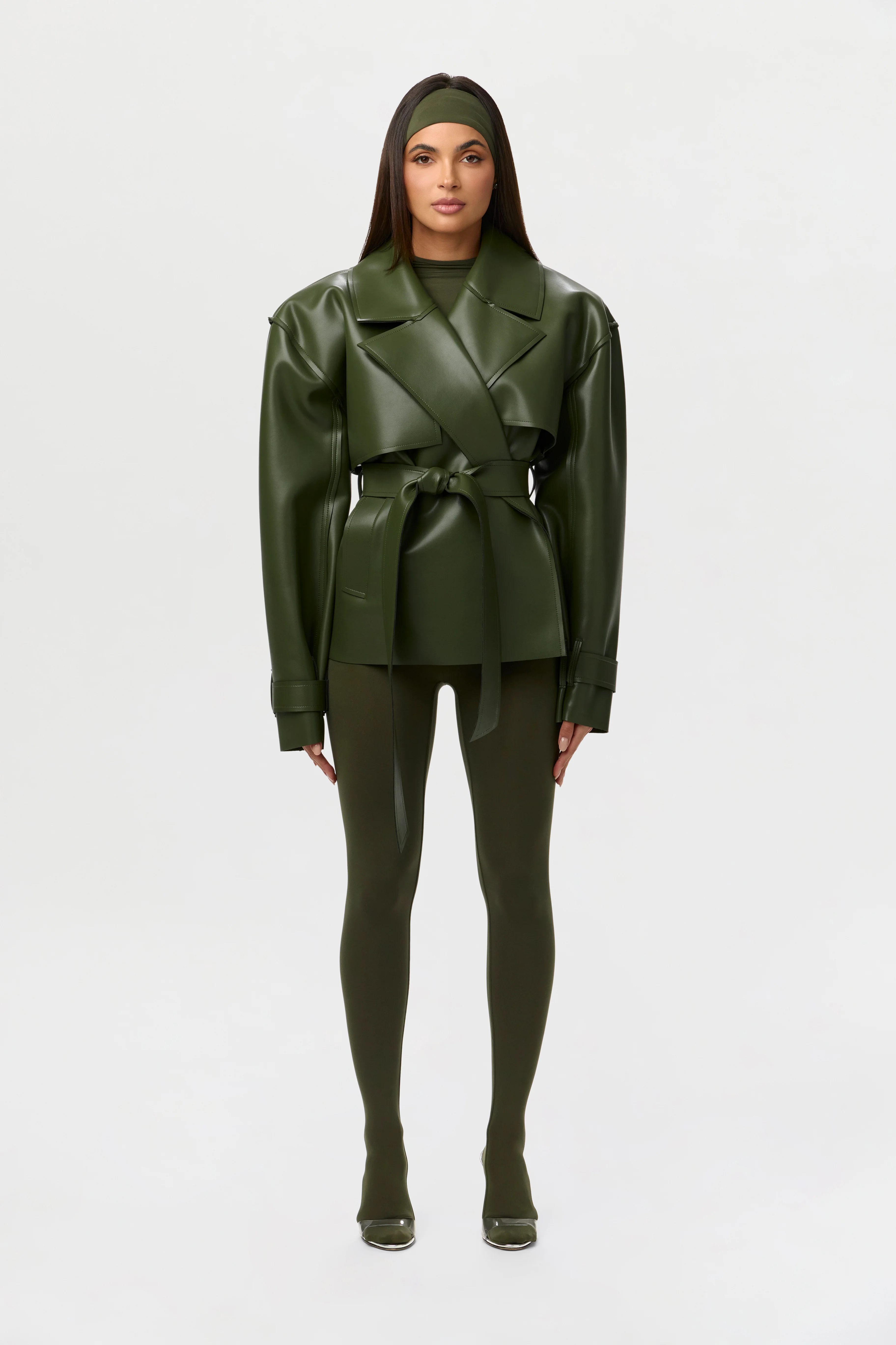 Vegan Leather Cropped Trench Jacket - Image 20