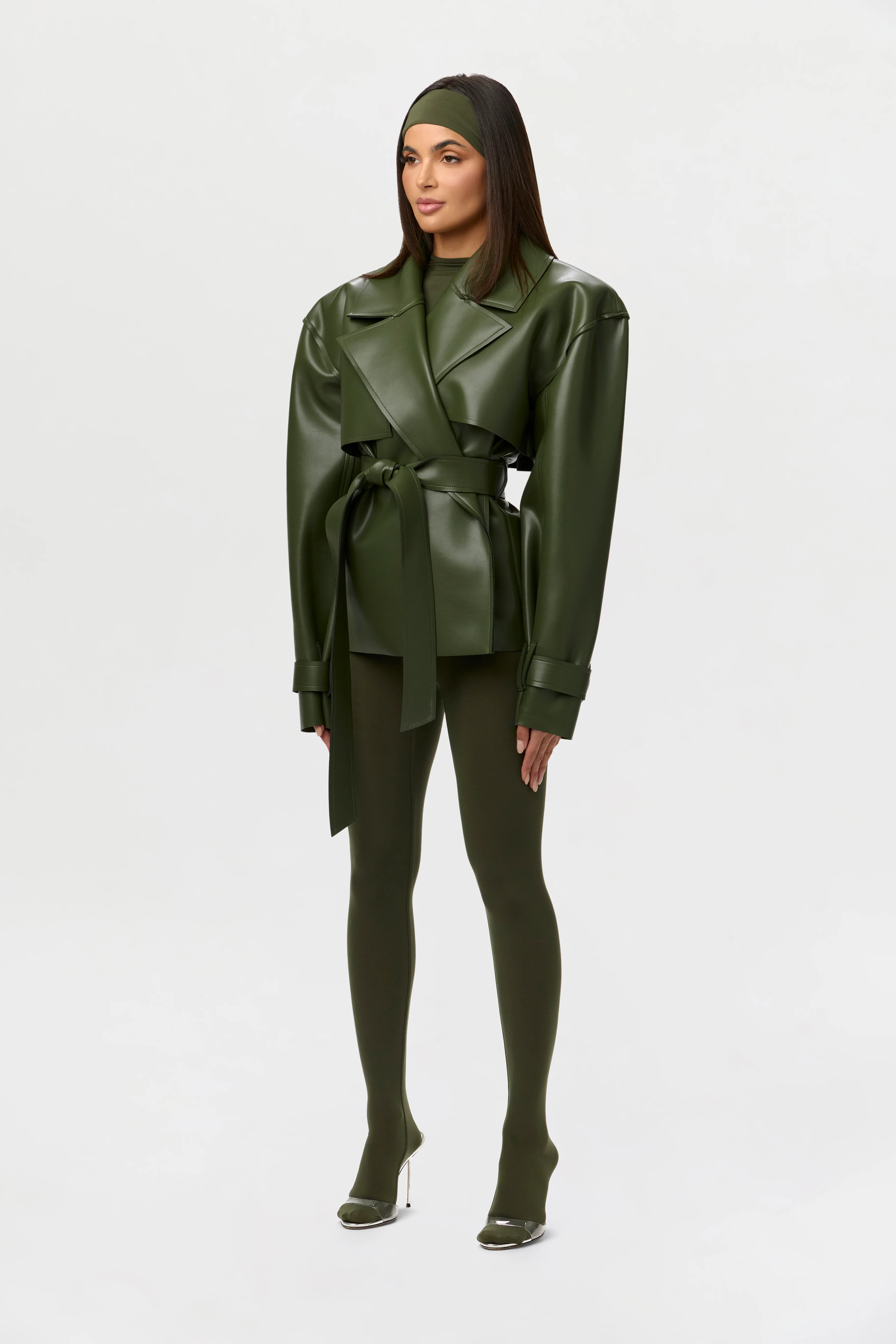 Vegan Leather Cropped Trench Jacket - Image 21