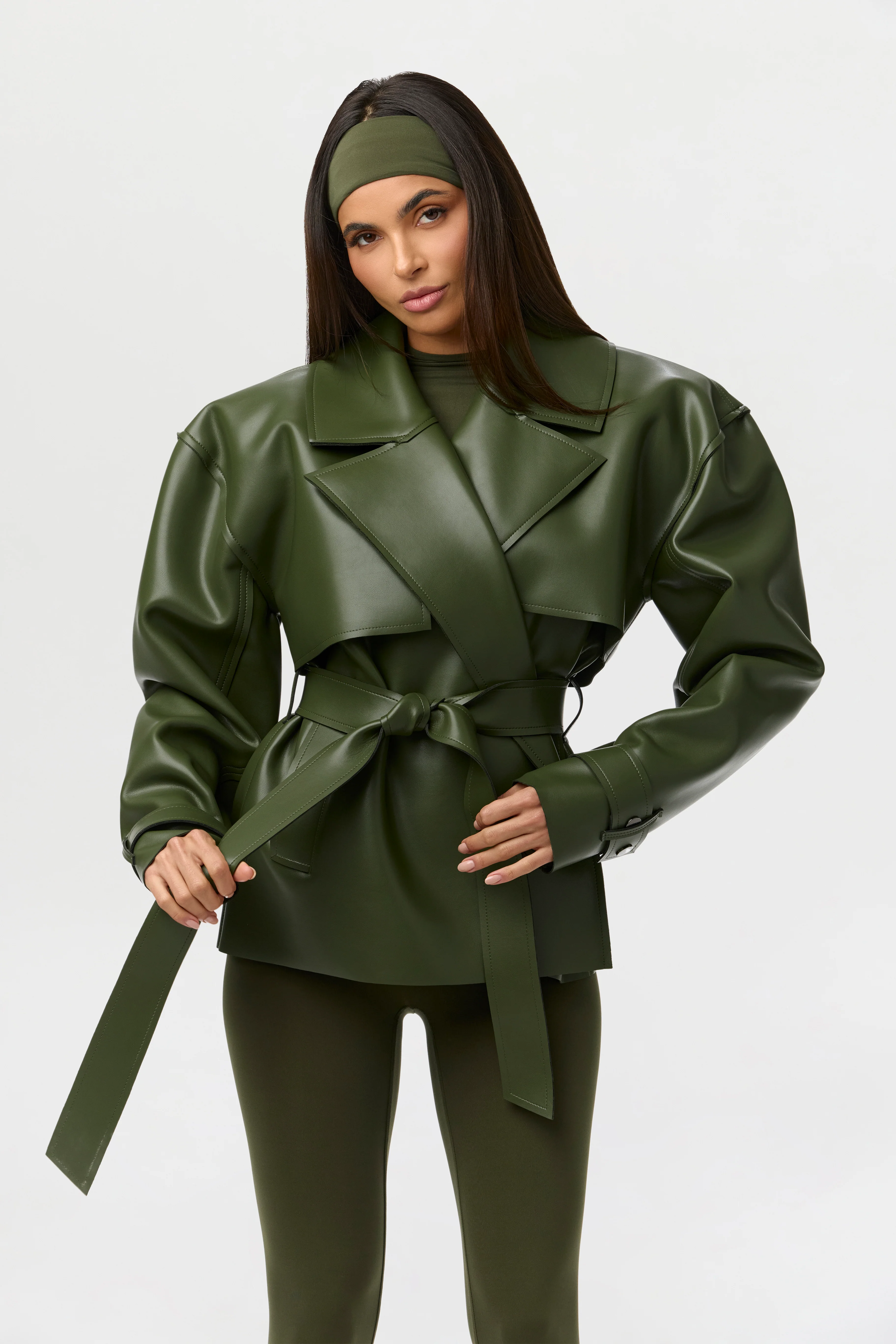 Vegan Leather Cropped Trench Jacket - Image 22