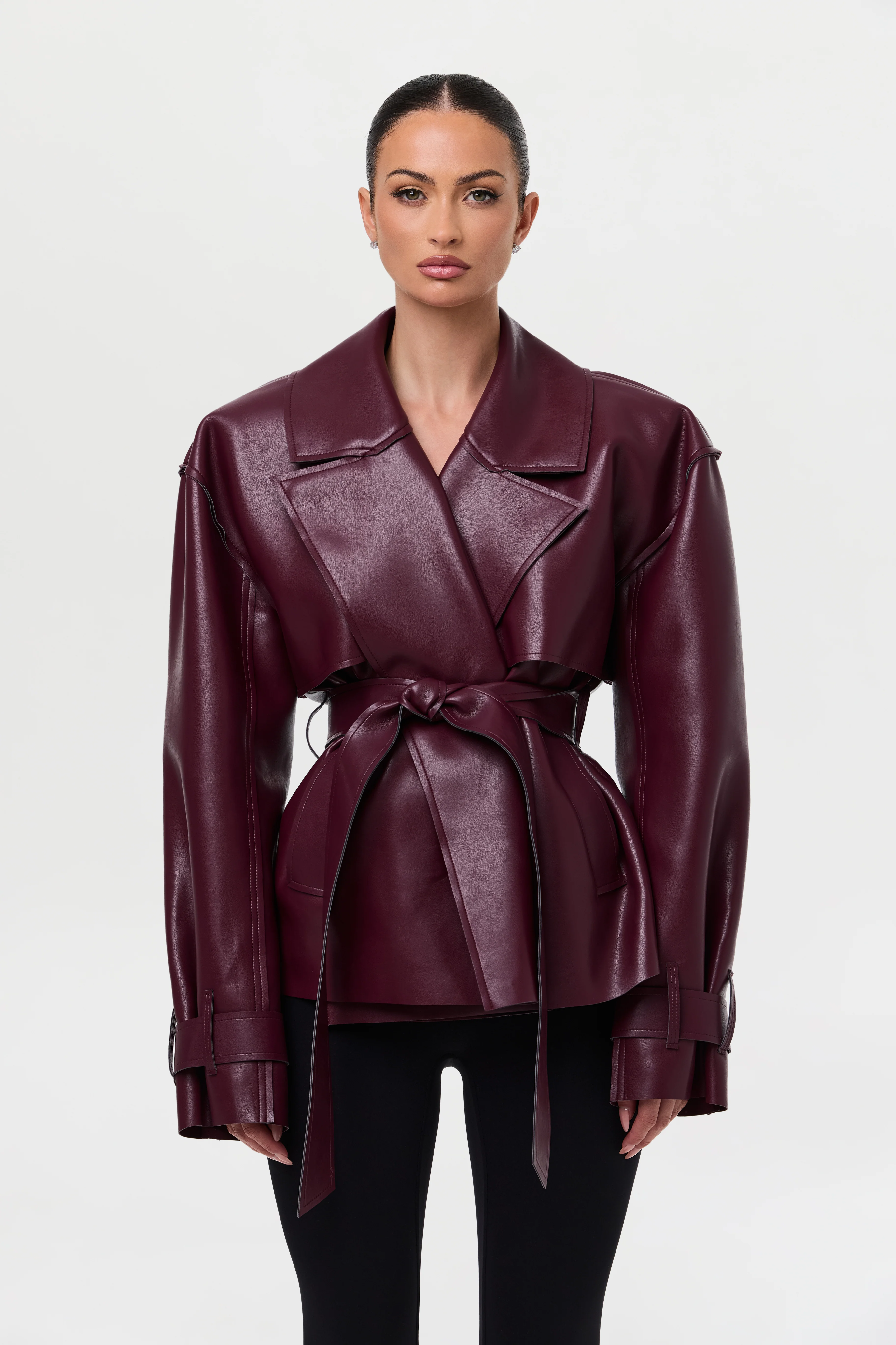 Vegan Leather Cropped Trench Jacket - Image 26