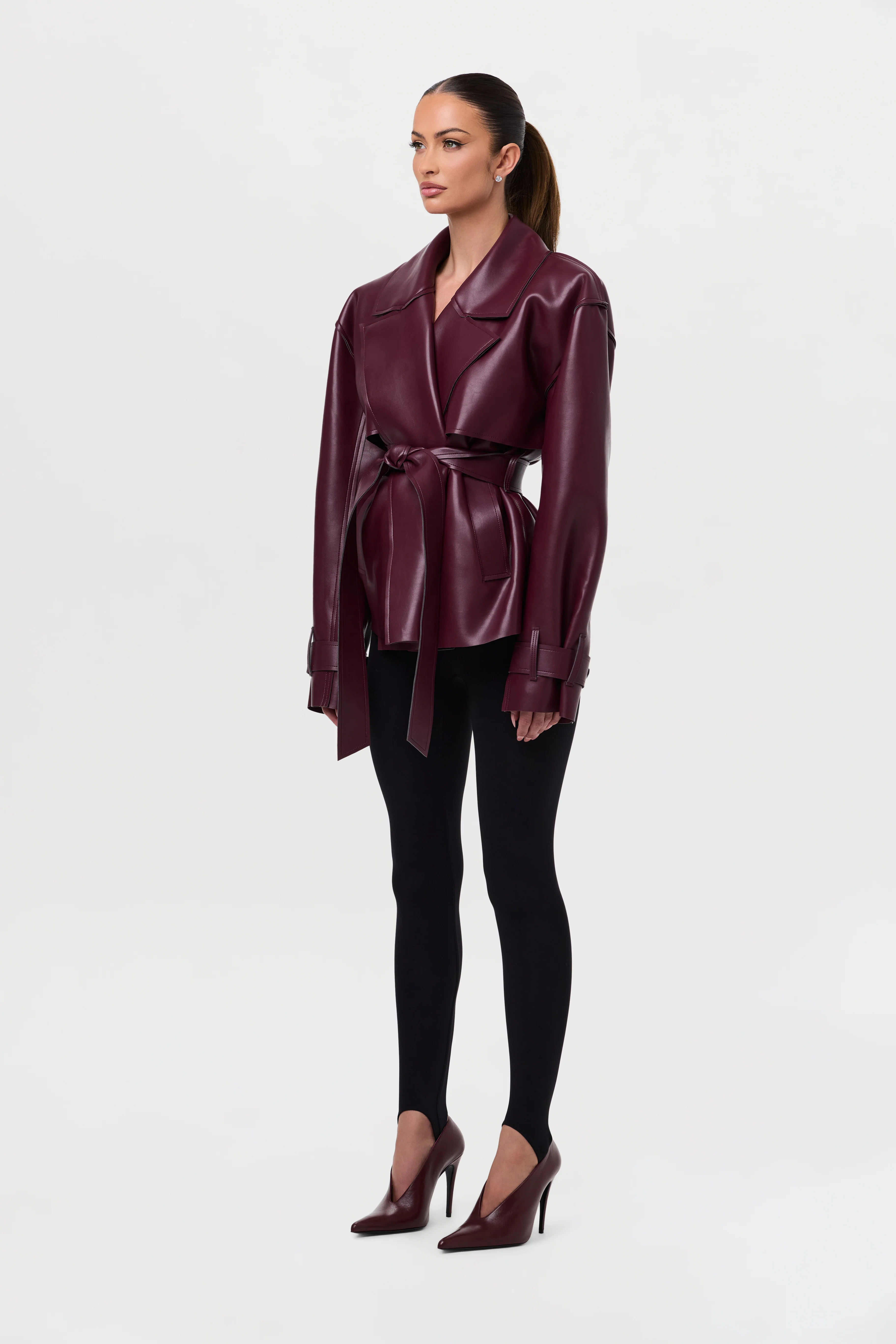 Vegan Leather Cropped Trench Jacket - Image 27