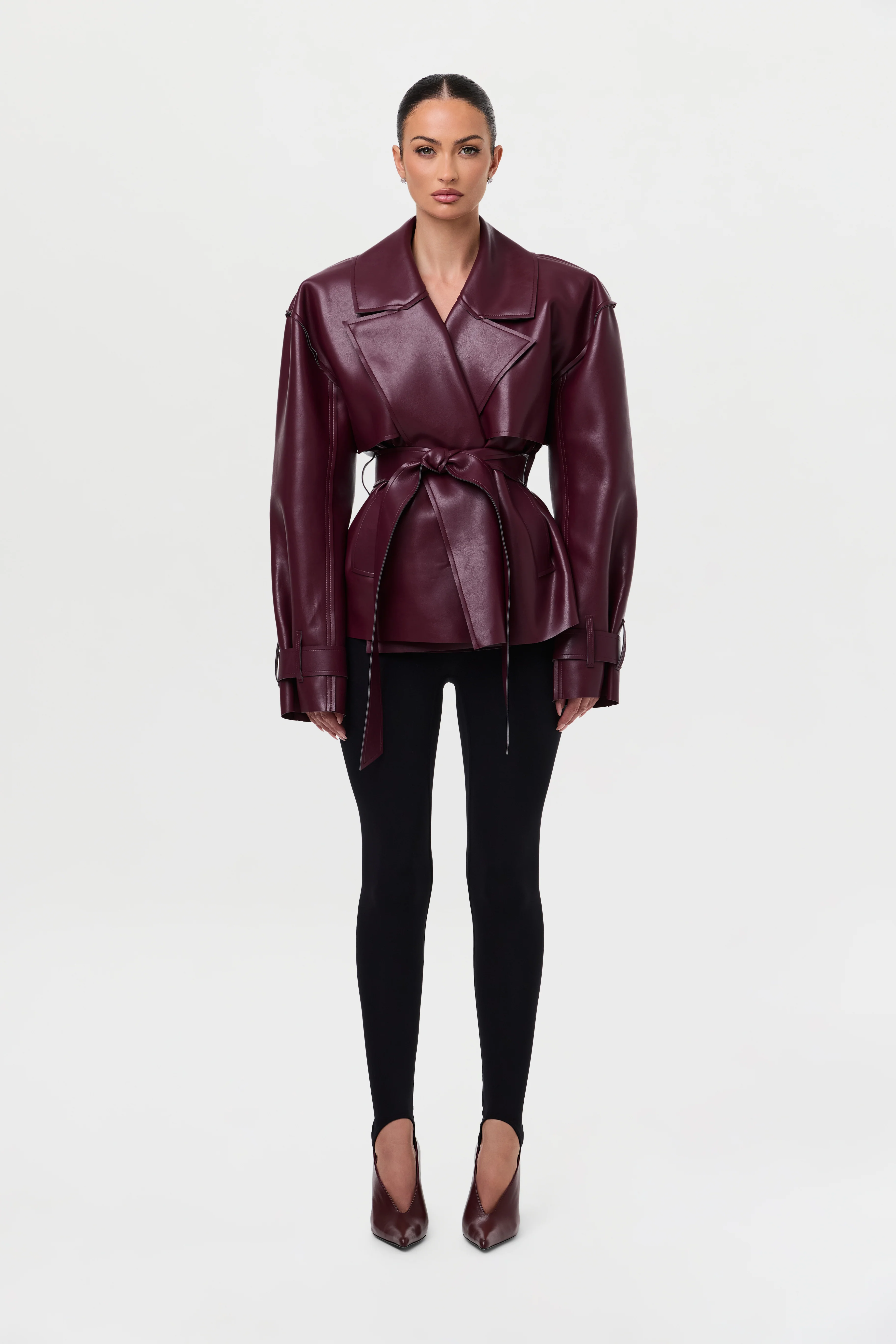 Vegan Leather Cropped Trench Jacket - Image 28