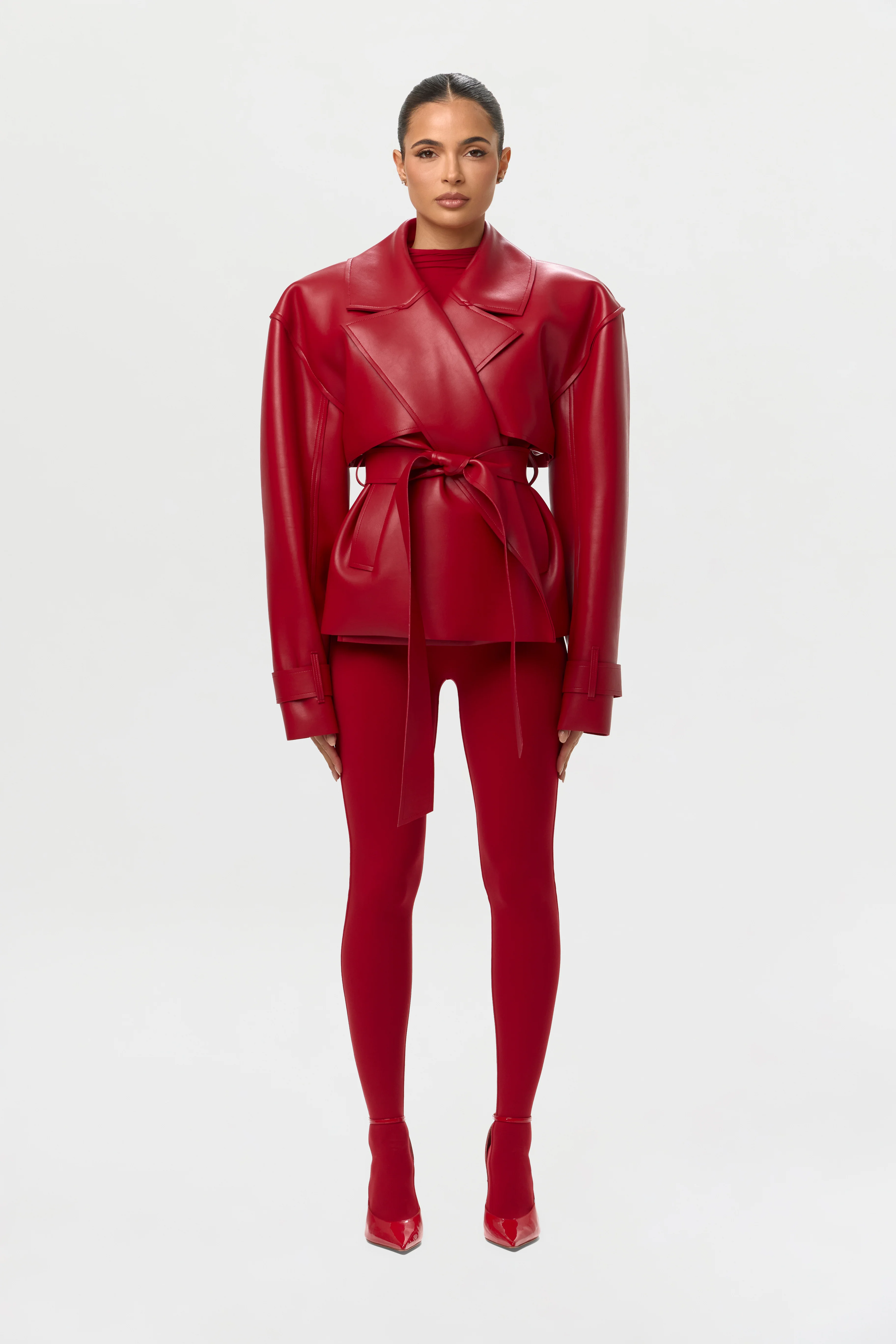 Vegan Leather Cropped Trench Jacket - Image 3