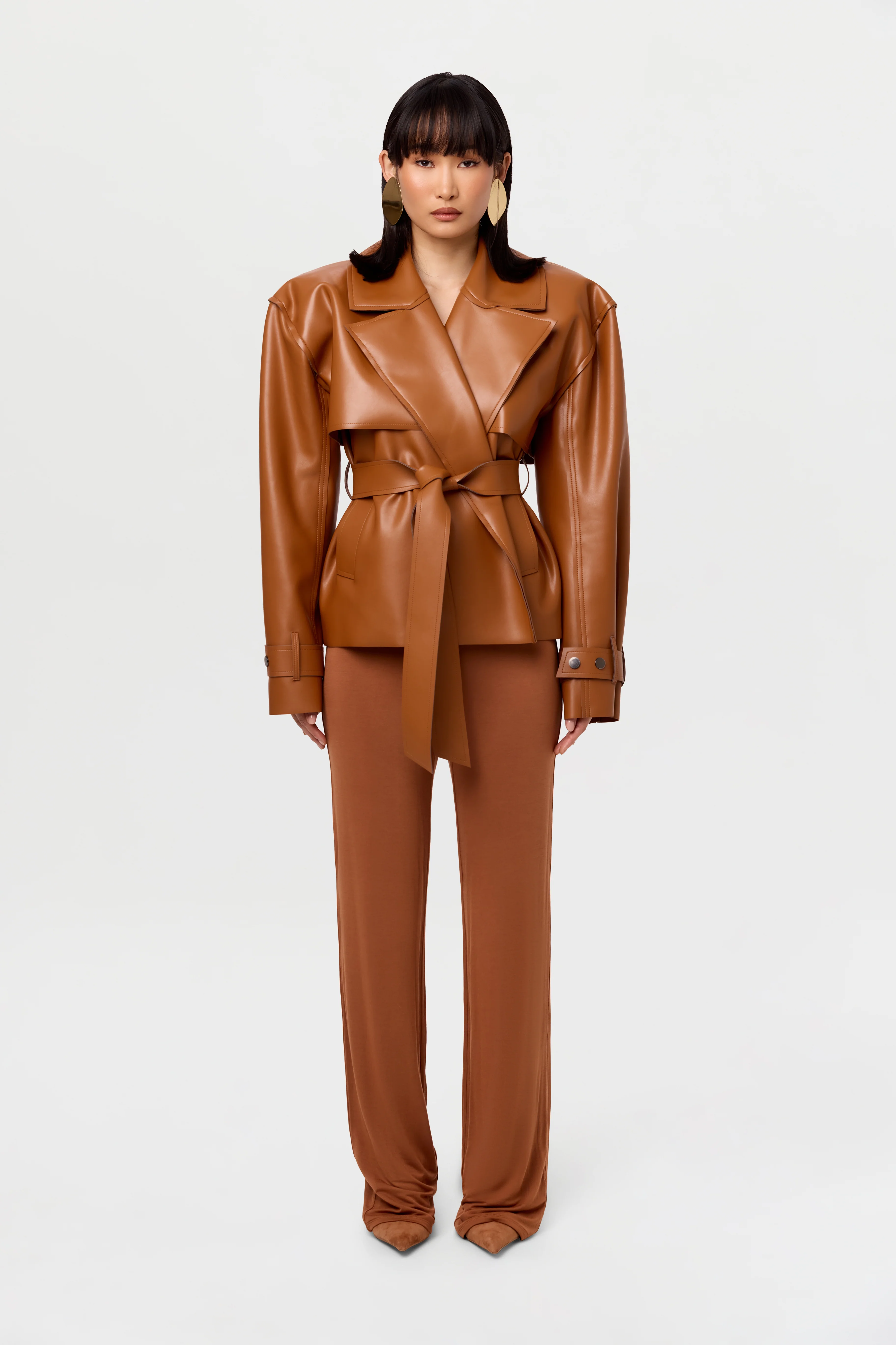 Vegan Leather Cropped Trench Jacket - Image 30