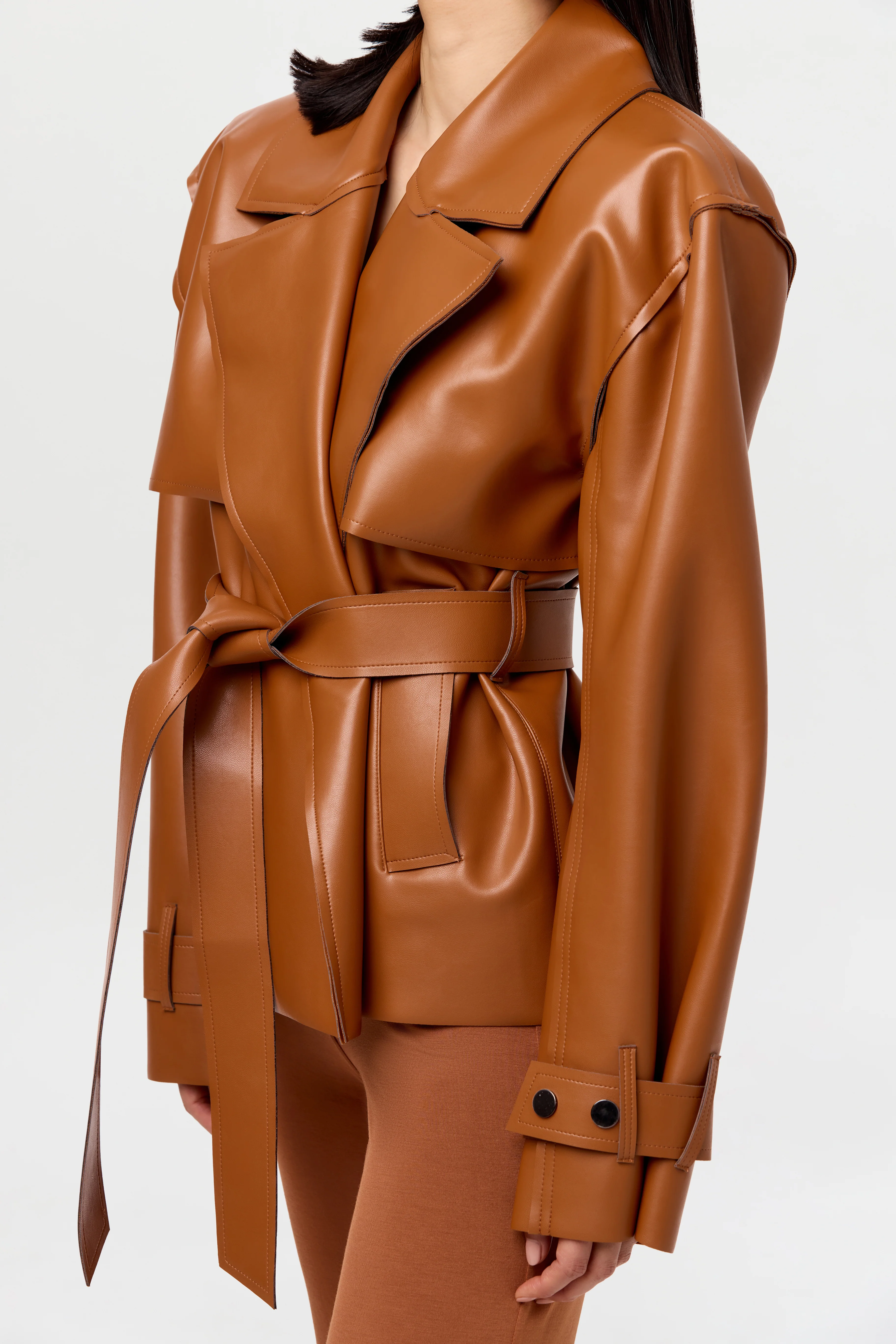 Vegan Leather Cropped Trench Jacket - Image 31