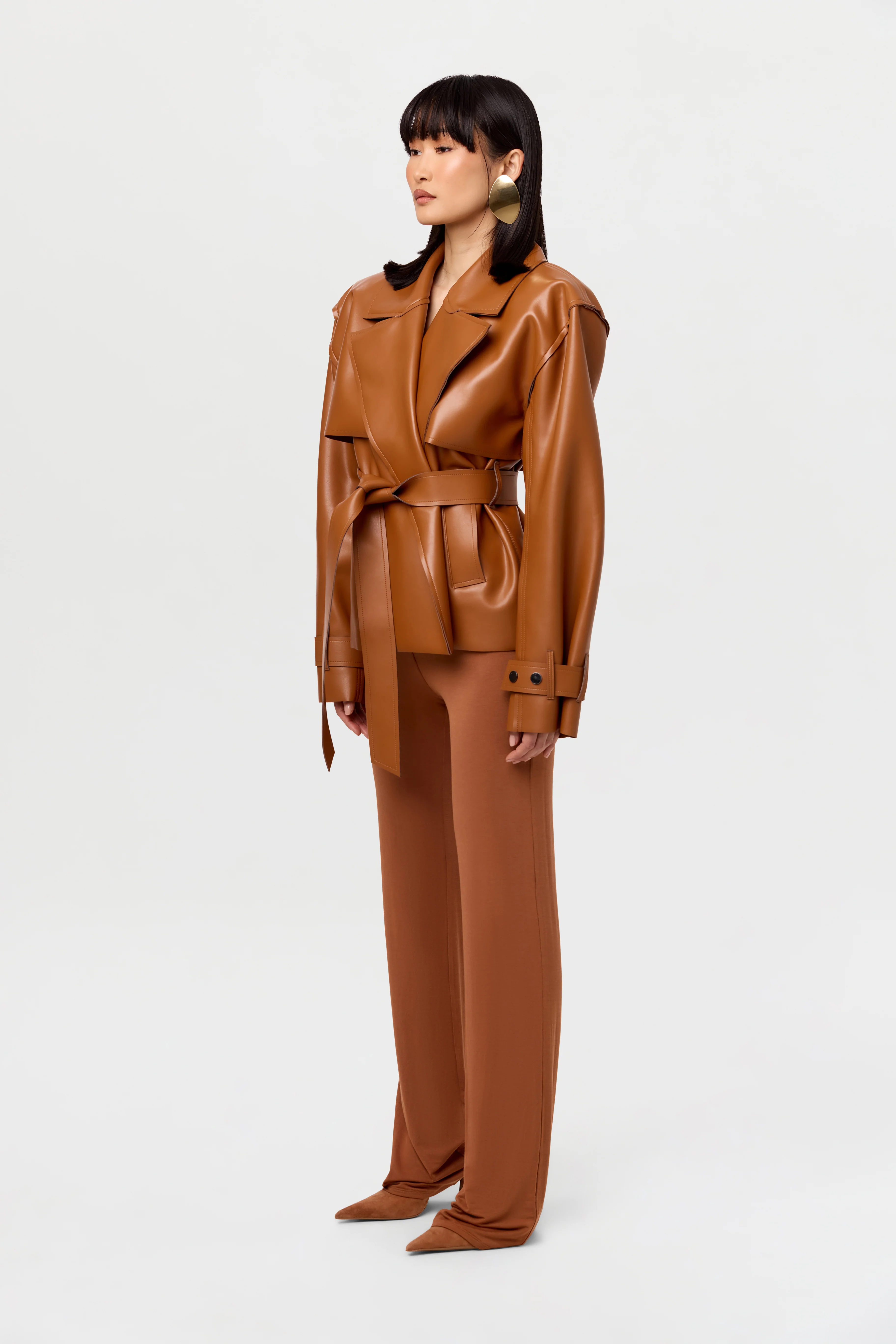 Vegan Leather Cropped Trench Jacket - Image 34