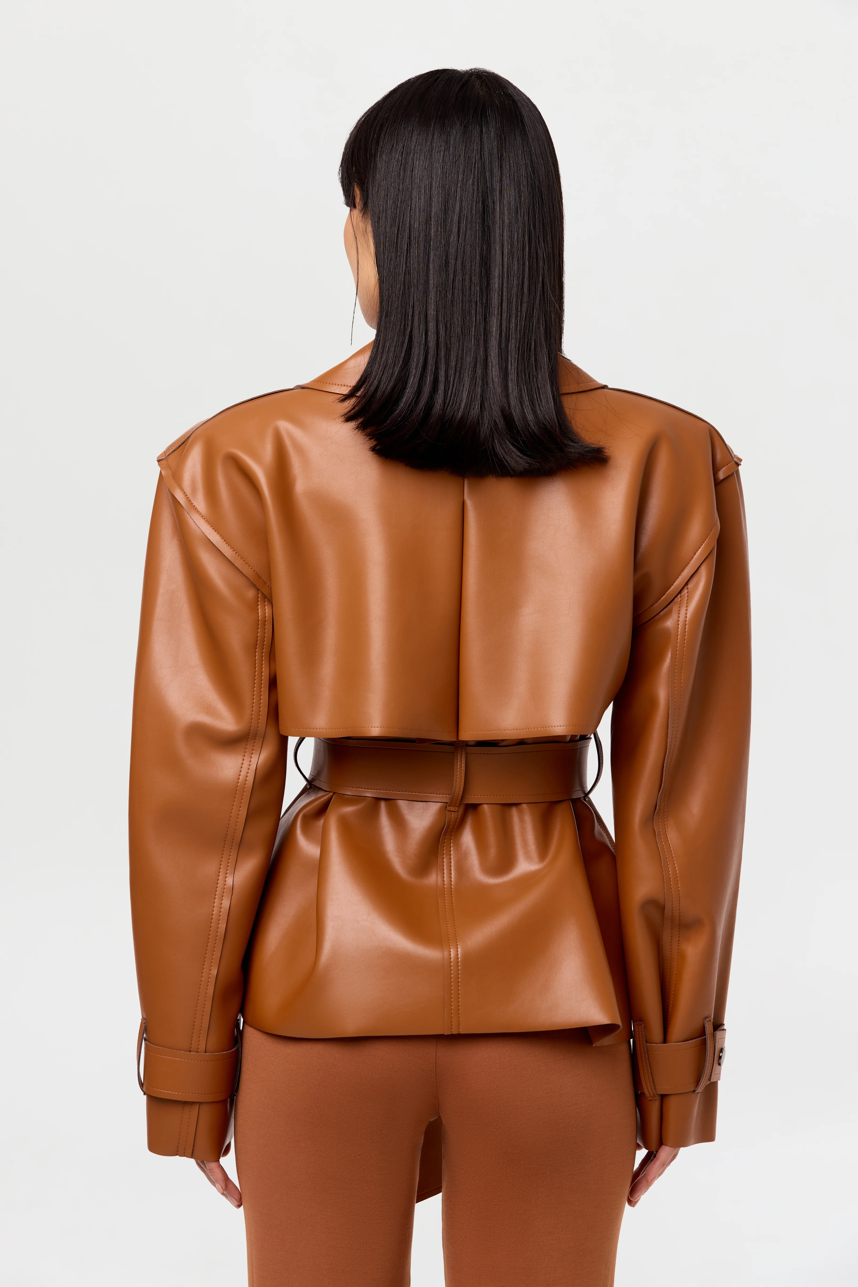 Vegan Leather Cropped Trench Jacket - Image 35
