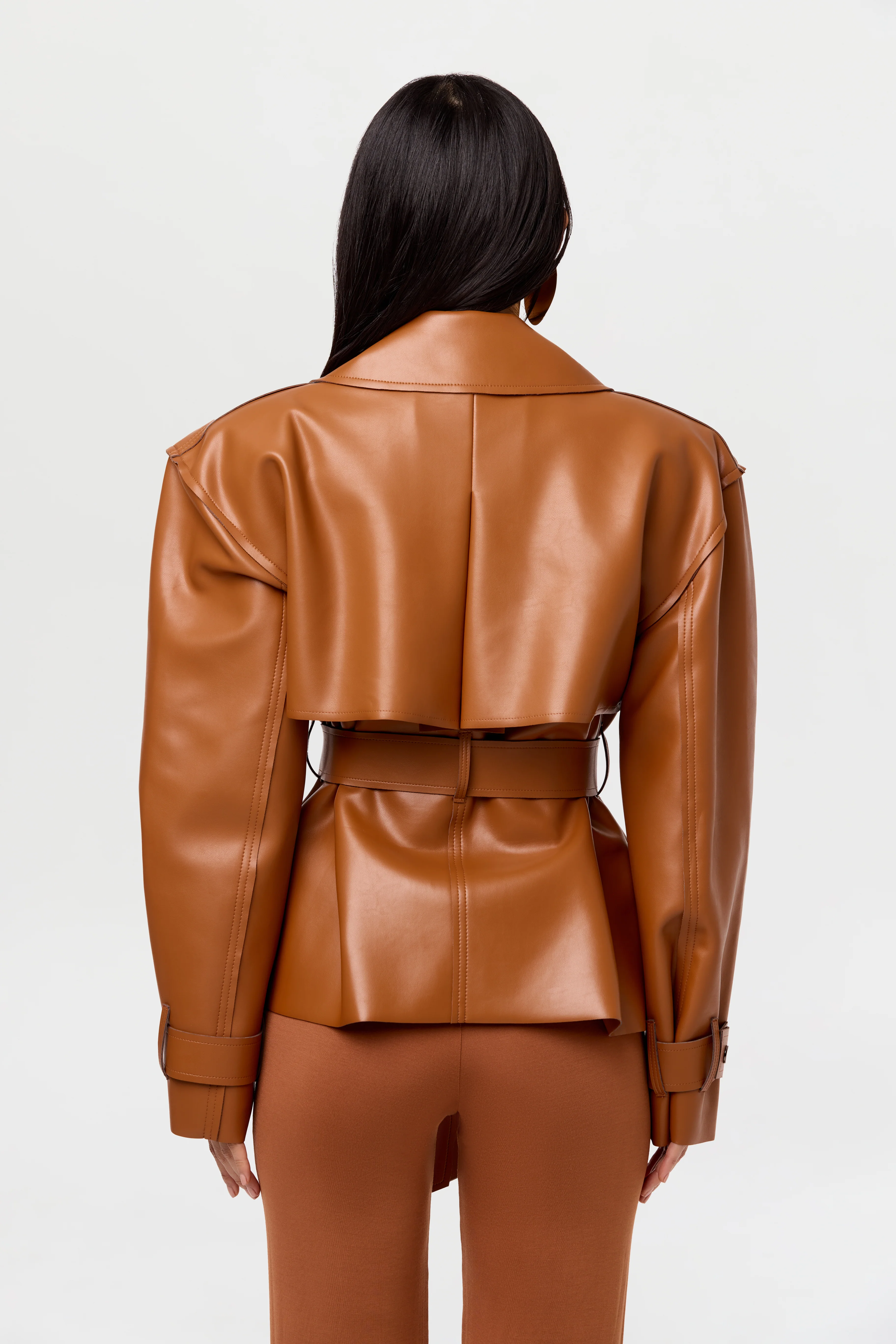 Vegan Leather Cropped Trench Jacket - Image 36