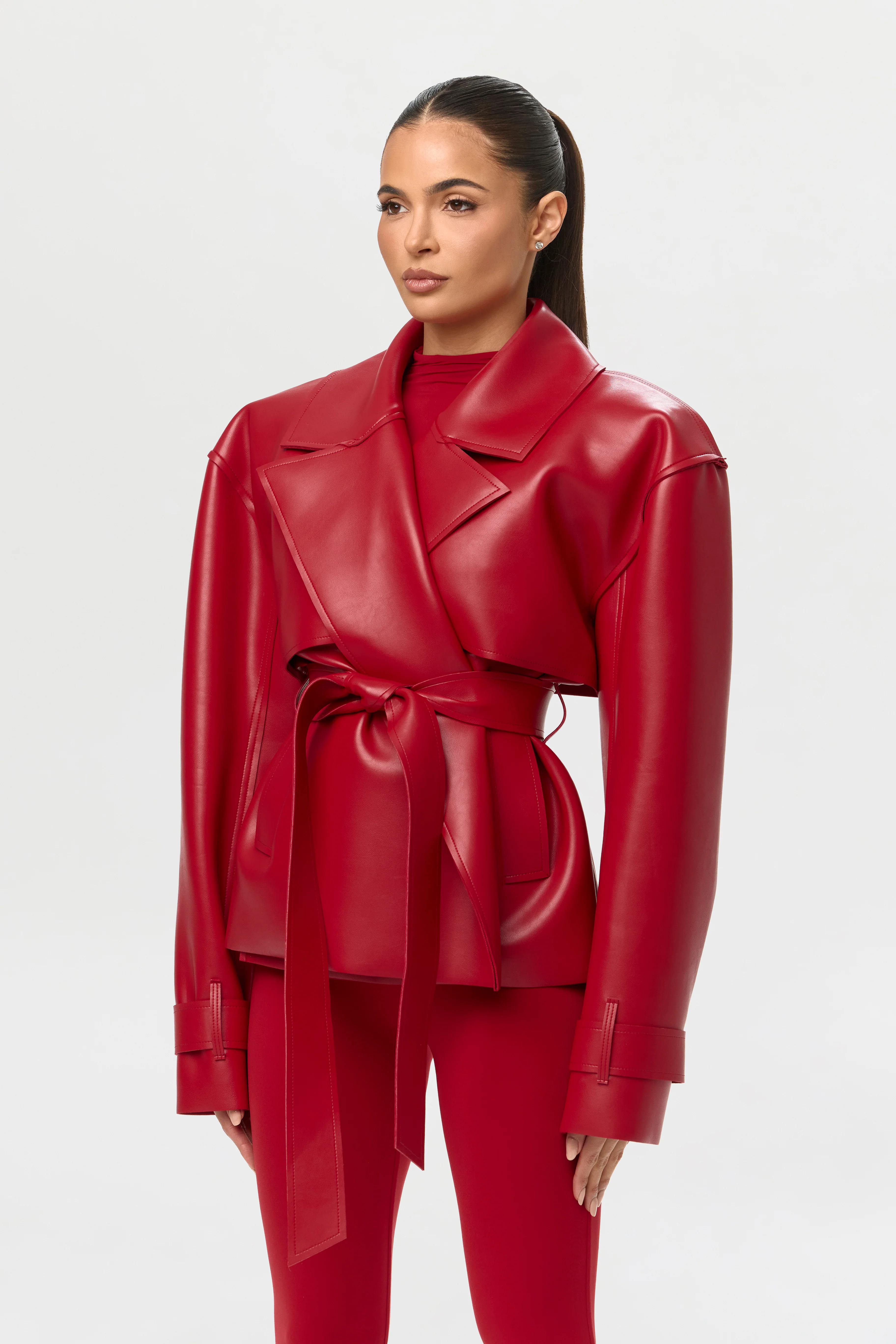 Vegan Leather Cropped Trench Jacket - Image 4