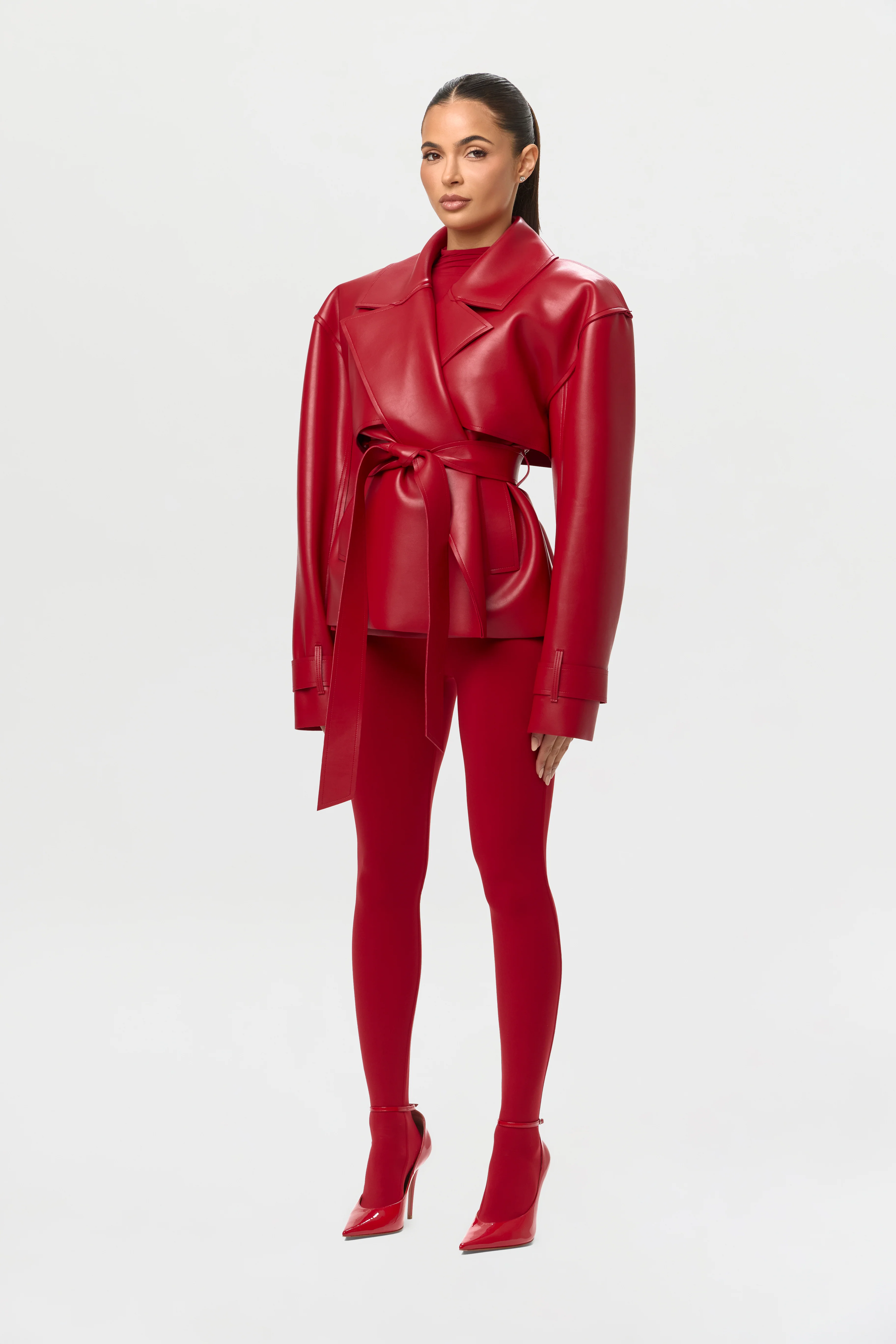 Vegan Leather Cropped Trench Jacket - Image 5