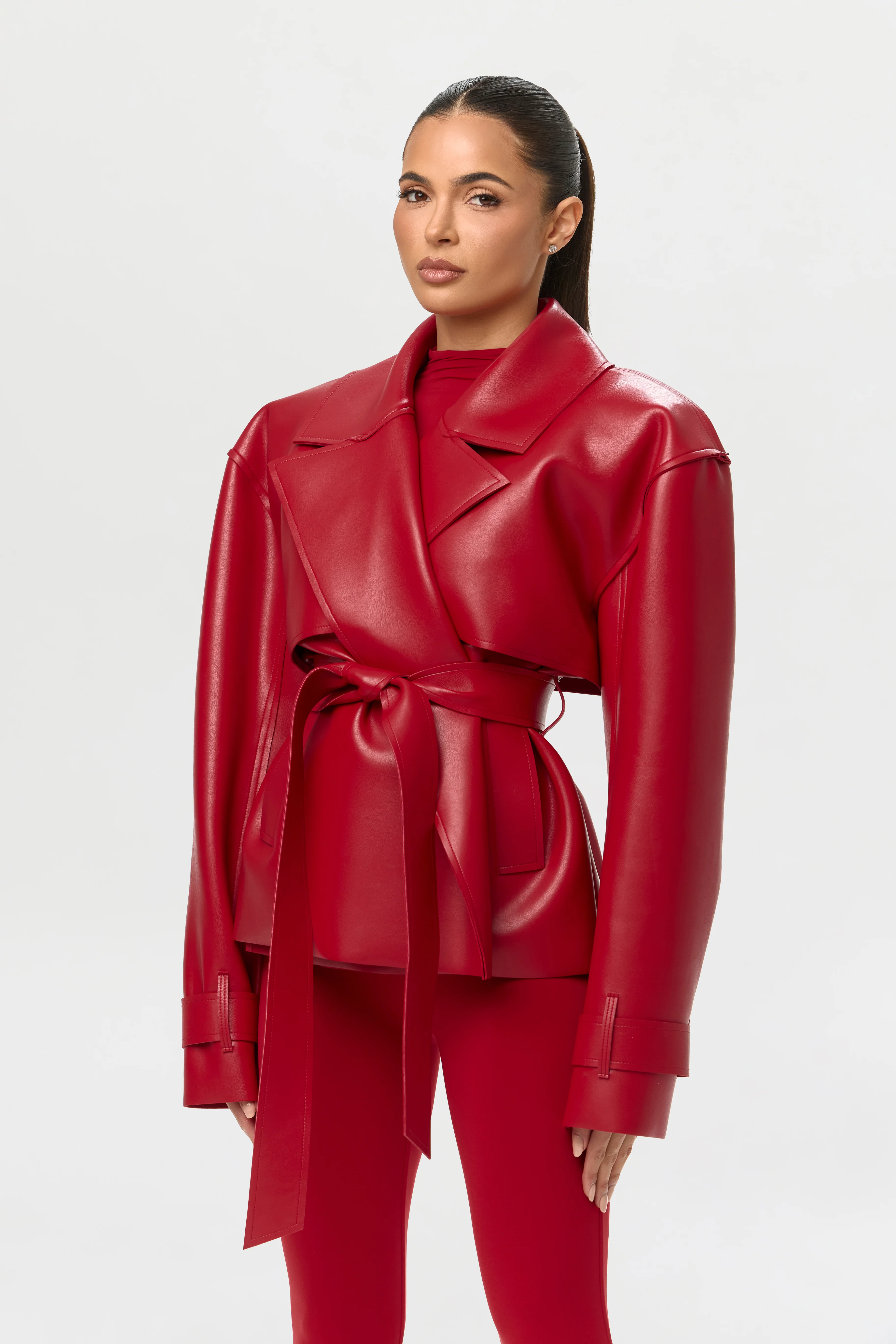 Vegan Leather Cropped Trench Jacket - Image 6