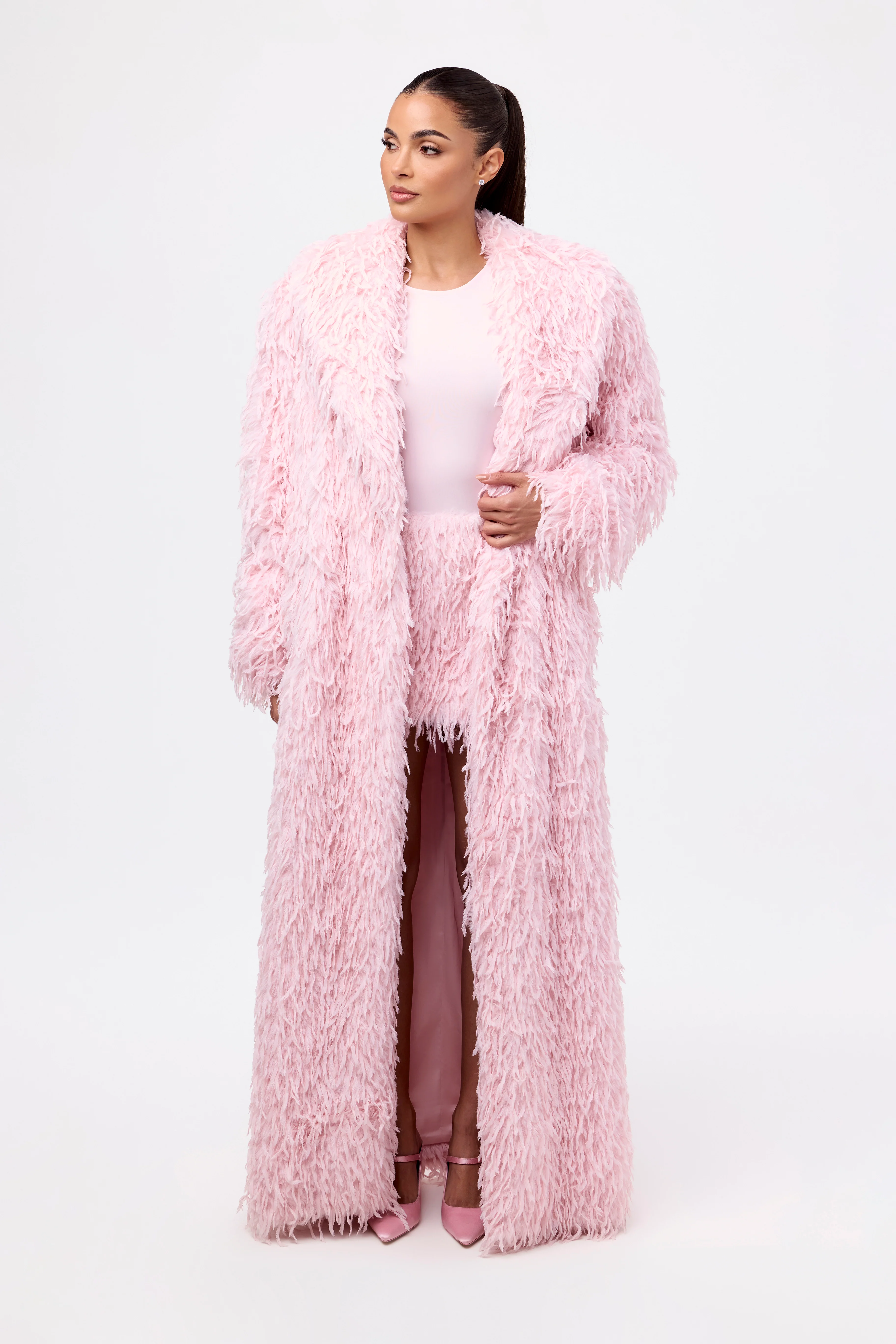 Faux Feather Long Coat - Image 10
